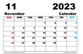 Free Printable November 2023 Calendar A5 Wide Landscape