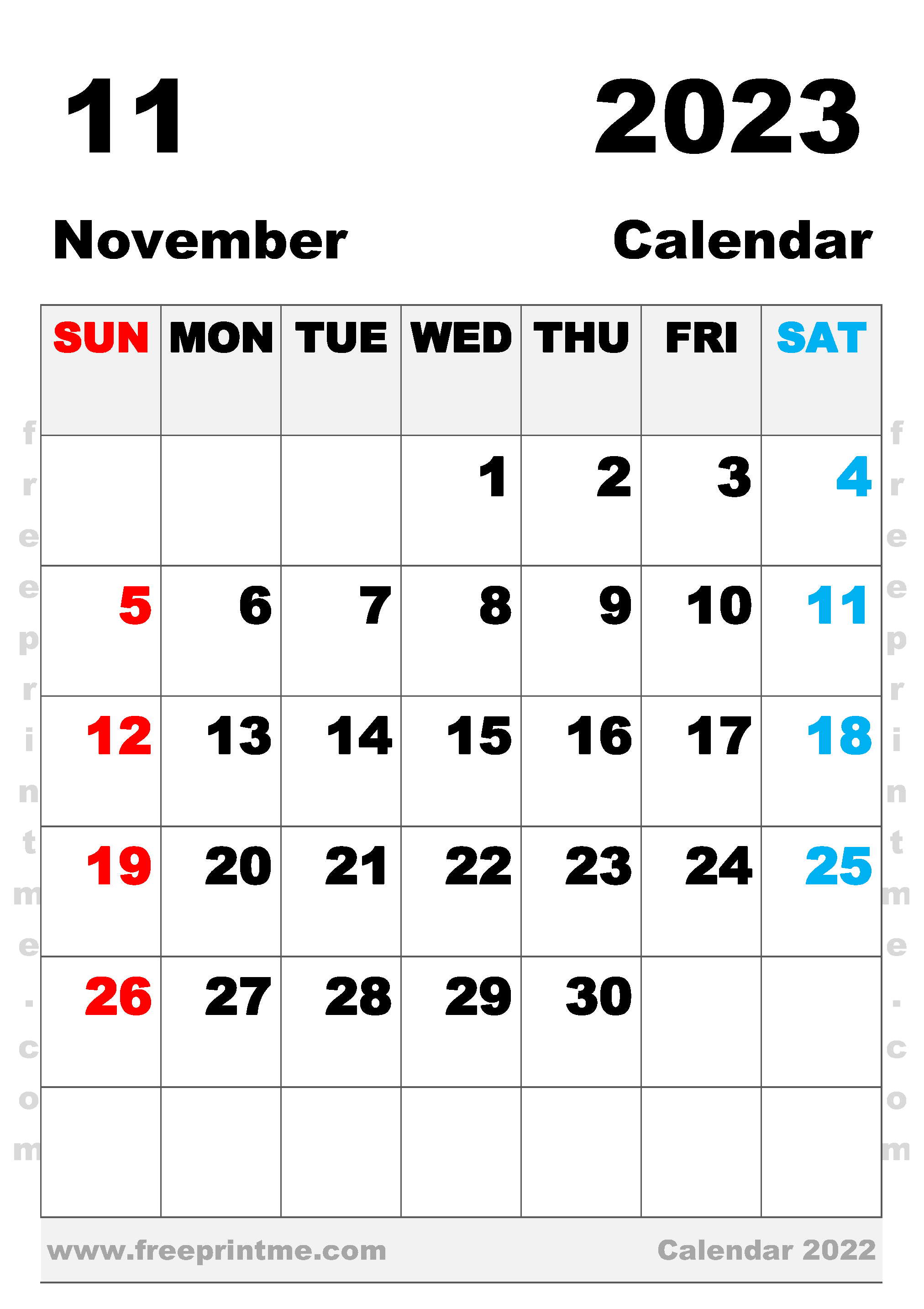 Free Printable November 2023 Calendar B4 Portrait