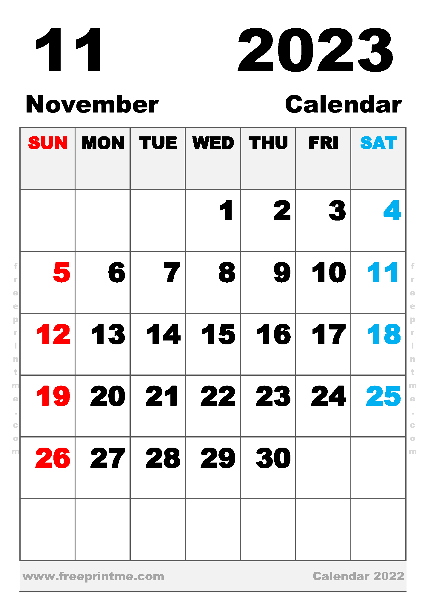 Free Printable November 2023 Calendar B5 Portrait