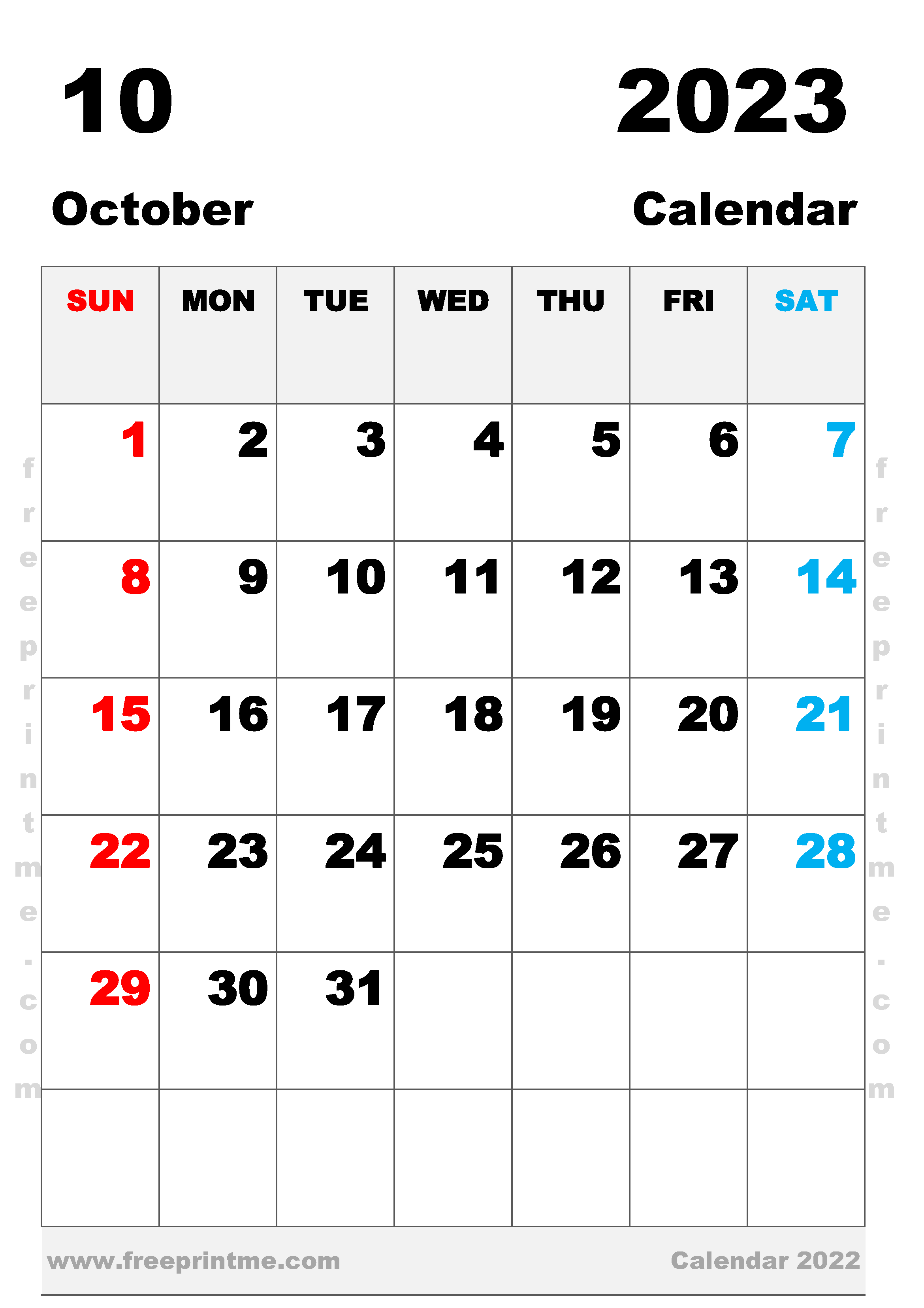 Free Printable October 2023 Calendar A3 Portrait