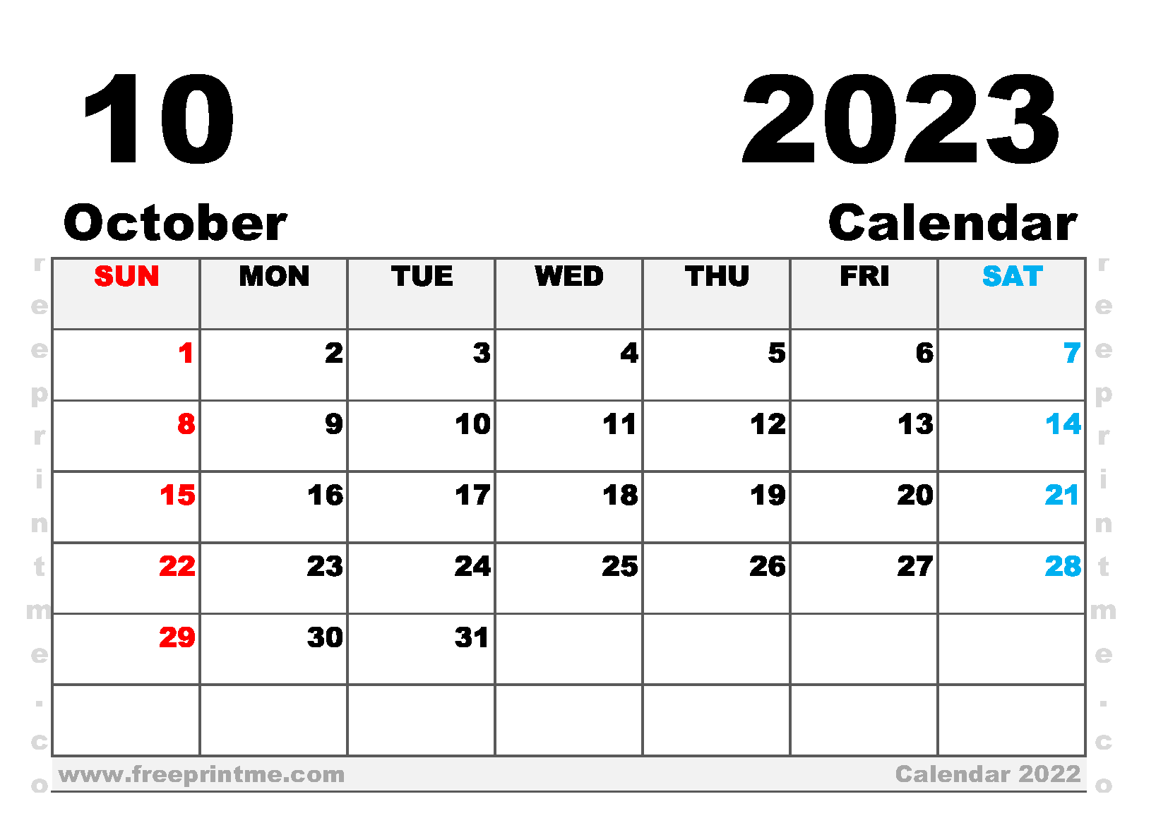 Free Printable October 2023 Calendar A5 Wide Landscape