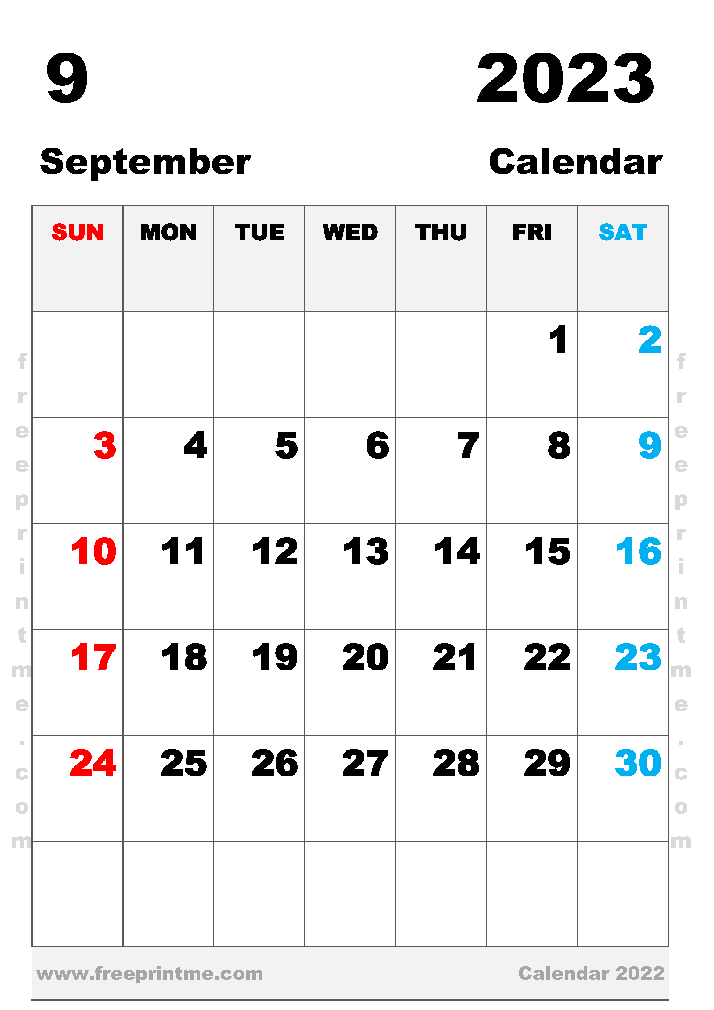 Free Printable September 2023 Calendar A3 Portrait