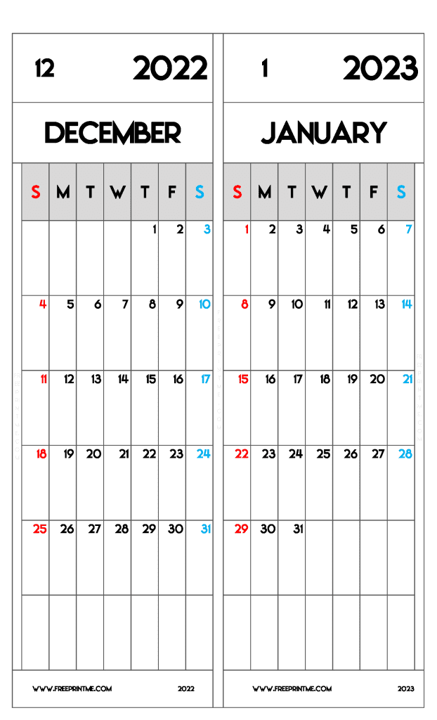 Free December 2022 January 2023 Calendar Printable Two Month Variety Formats