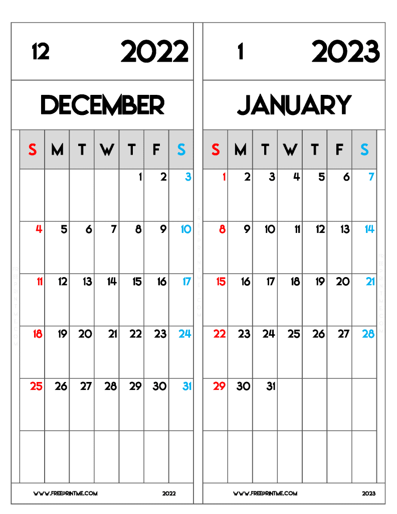 Free December 2022 January 2023 Calendar Printable Two Month Variety Formats