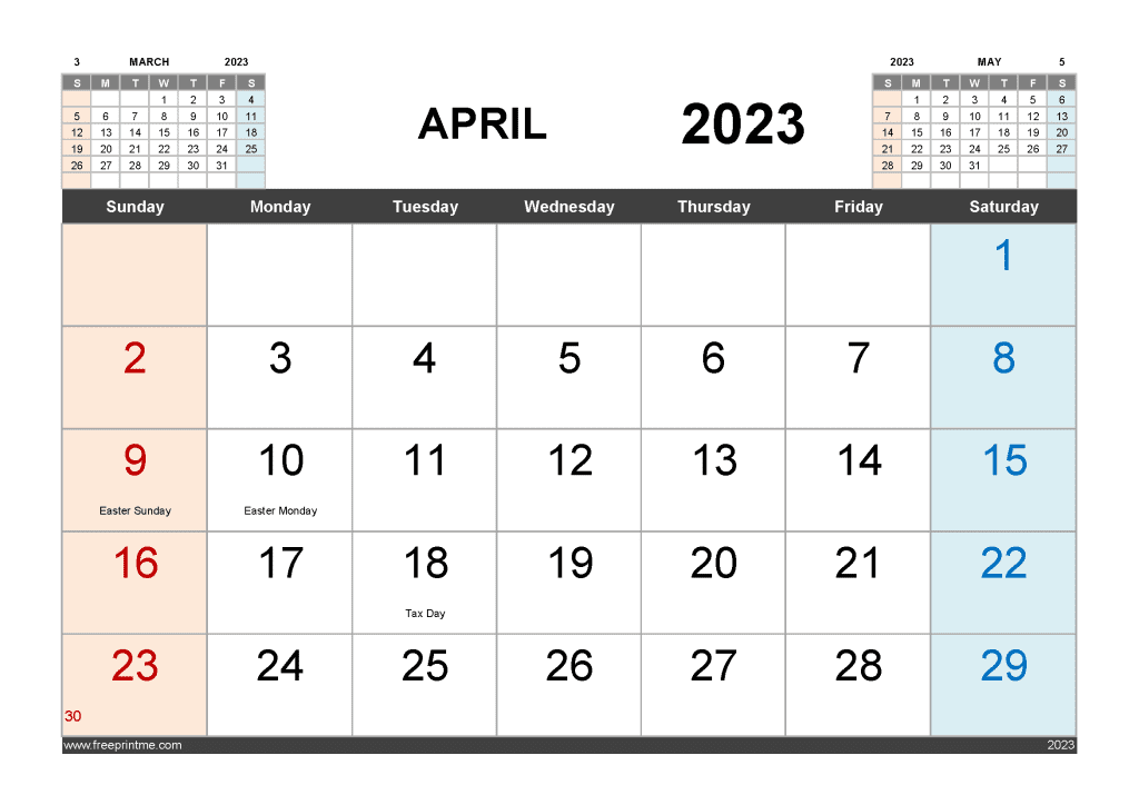 Download Free April 2023 Calendar with Holidays Printable PDF in Landscape 