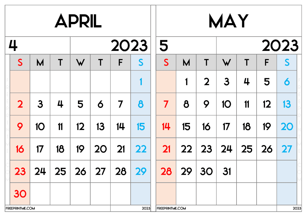 Download Free April May 2023 Calendar Printable Two Month Calendar on a separate page in Landscape