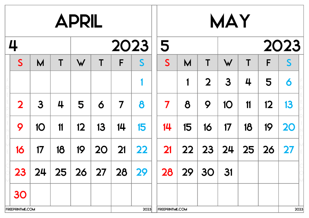 Free April May 2023 Calendar Printable Two Month Variety Formats