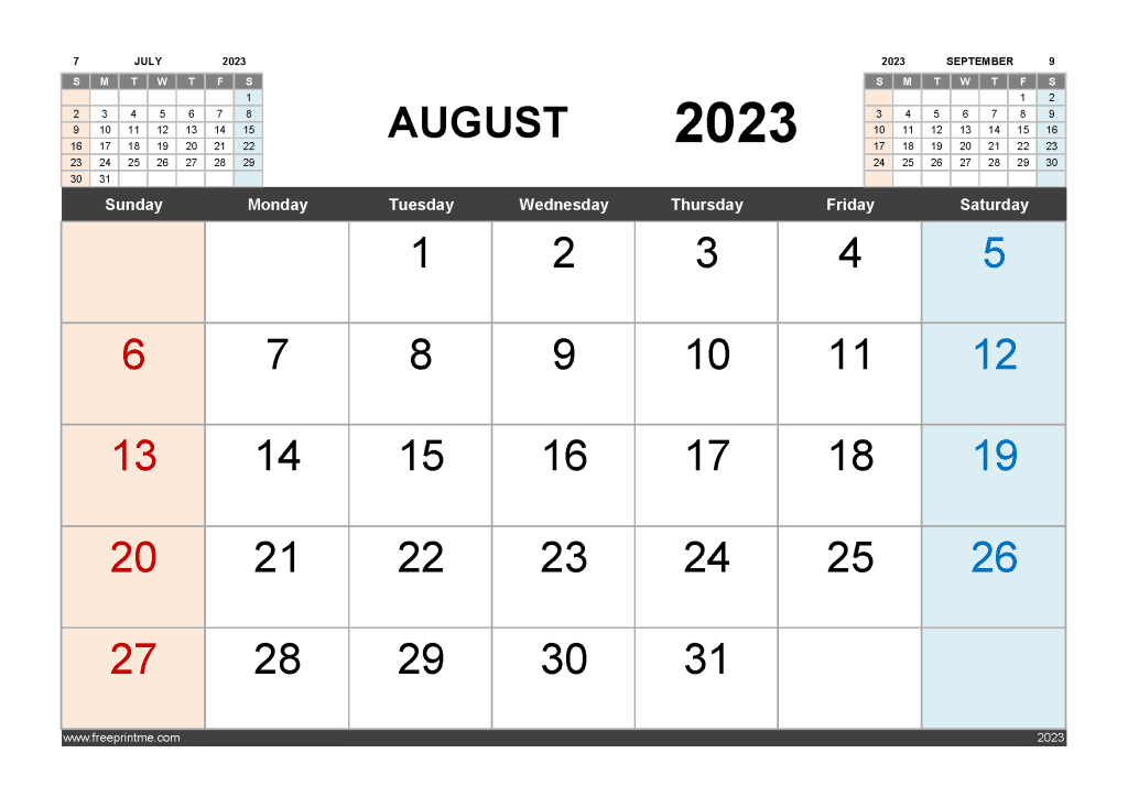 Download Free August 2023 Calendar with Holidays Printable PDF in Landscape 