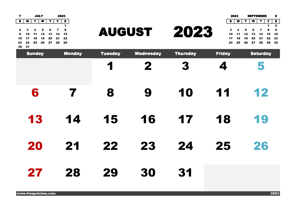 Free Printable August 2023 Calendar with Holidays PDF Monthly Calendar Template in Variety Formats