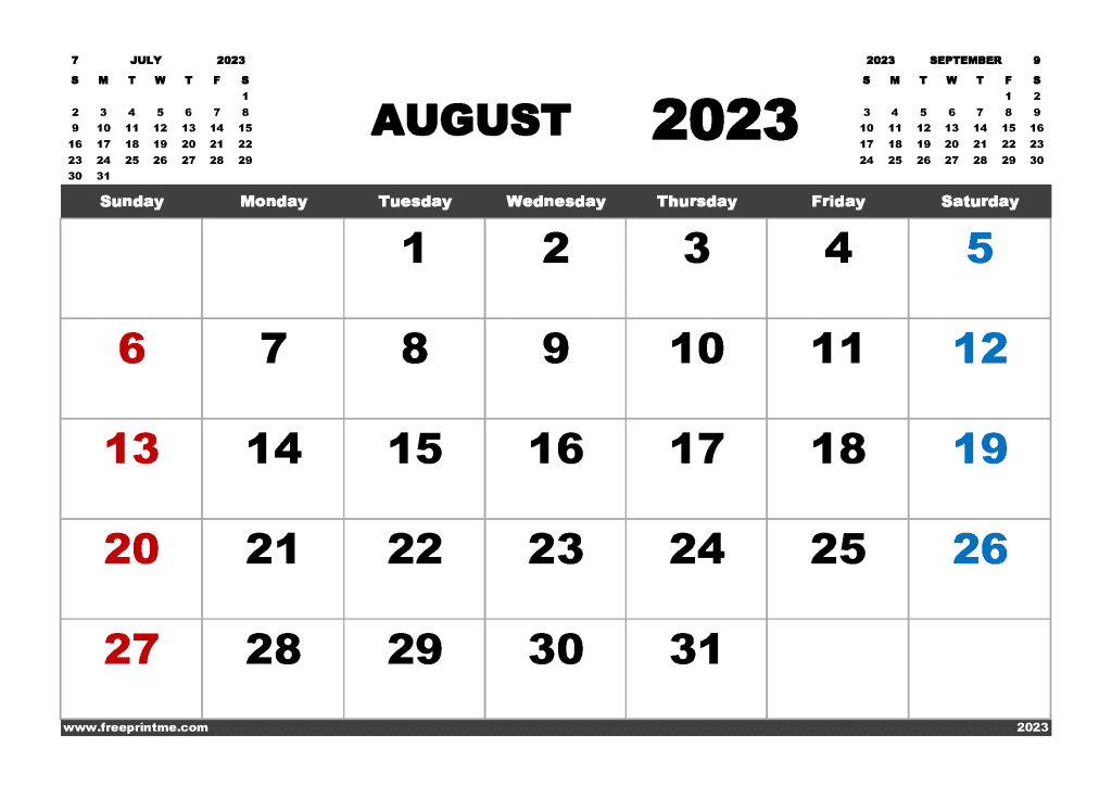 Free Printable August 2023 Calendar with Holidays PDF Monthly Calendar Template in Variety Formats