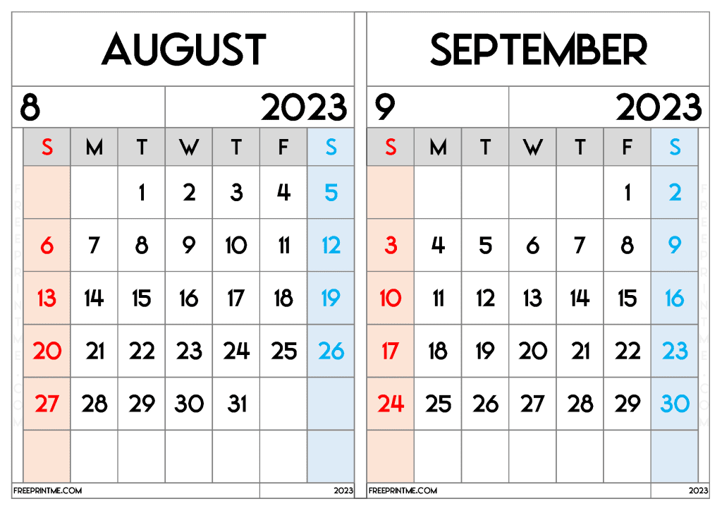 Download Free August September 2023 Calendar Printable Two Month Calendar on a separate page in Landscape