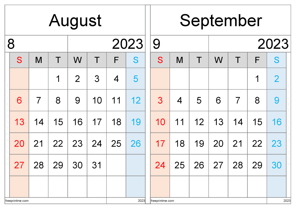 Free August September 2023 Calendar Printable Two Month Variety Formats