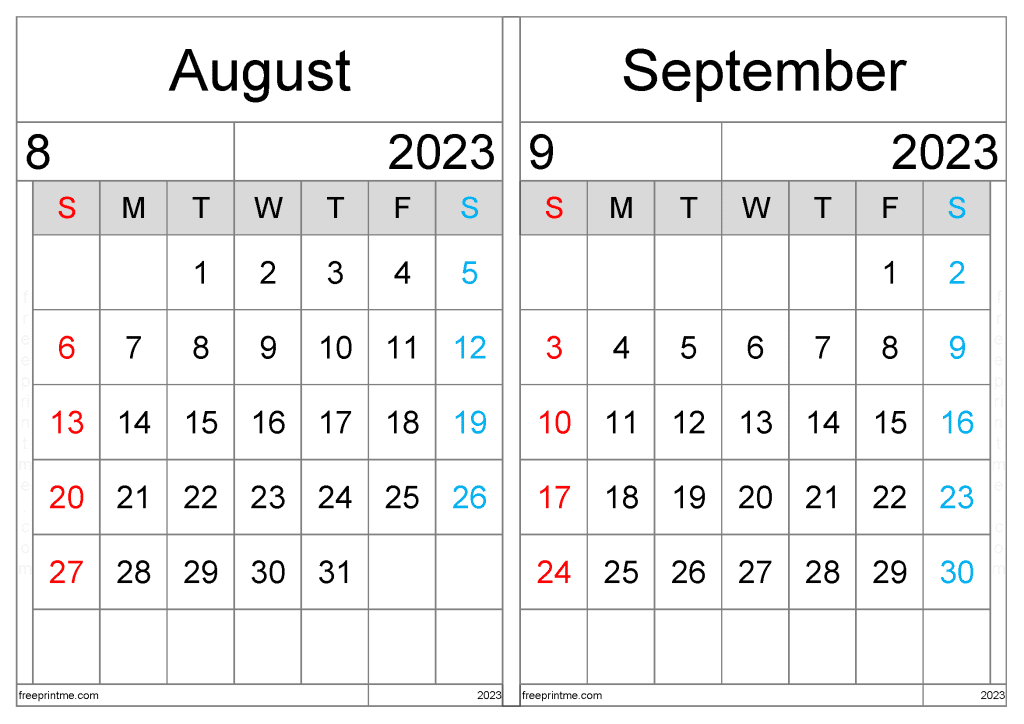 Free August September 2023 Calendar Printable Two Month Variety Formats