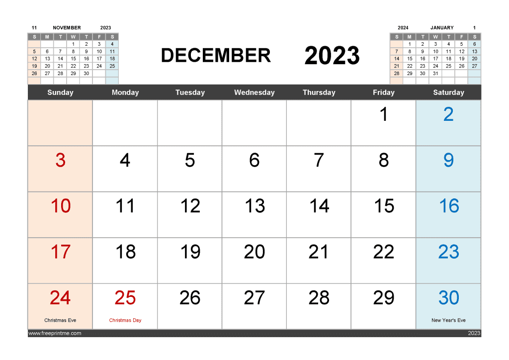 Download Free December 2023 Calendar with Holidays Printable PDF in Landscape 
