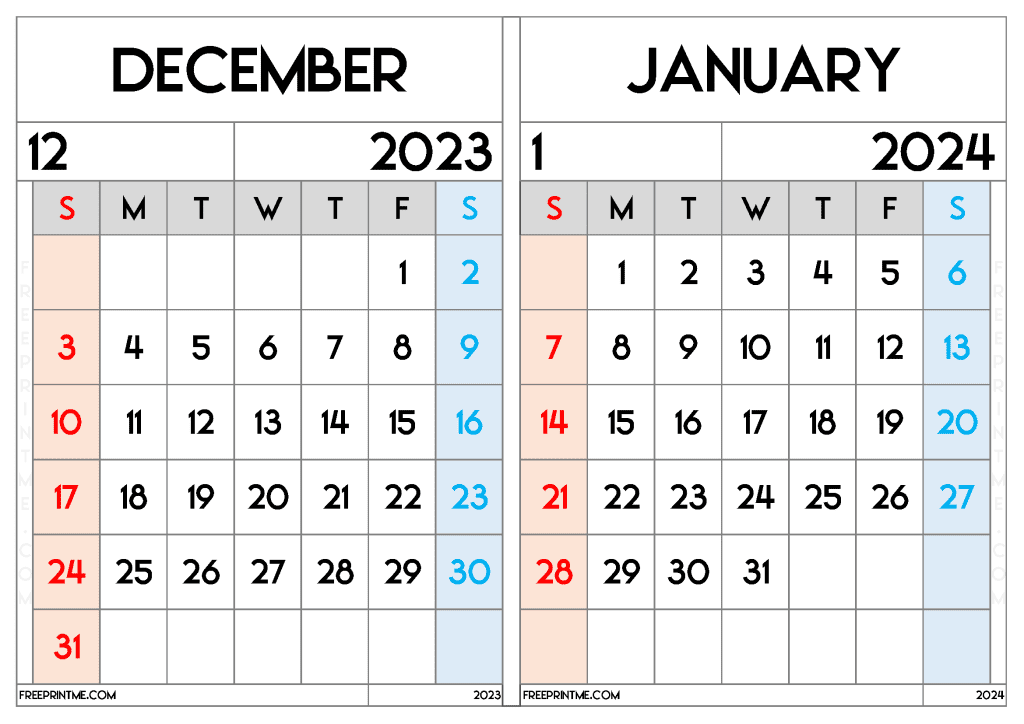Download Free December 2023 January 2024 Calendar Printable Two Month Calendar on a separate page in Landscape