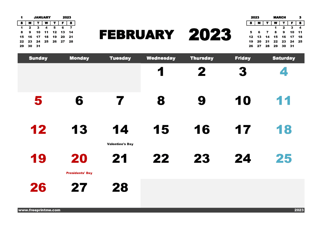 Downloadable Free Printable February 2023 Calendar with Holidays Printable PDF in Landscape