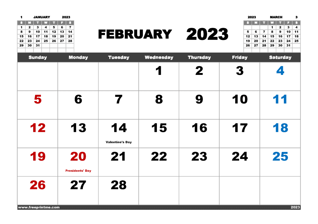 Downloadable Free Printable February 2023 Calendar with Holidays Printable PDF in Landscape