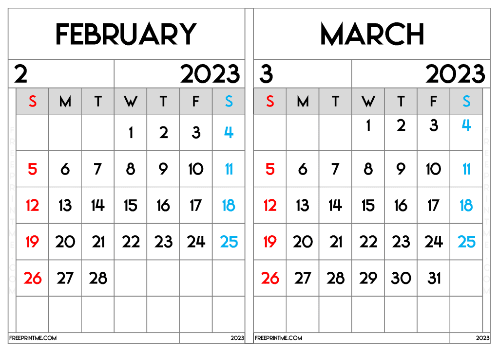 Download Free February March 2023 Calendar Printable Two Month Calendar