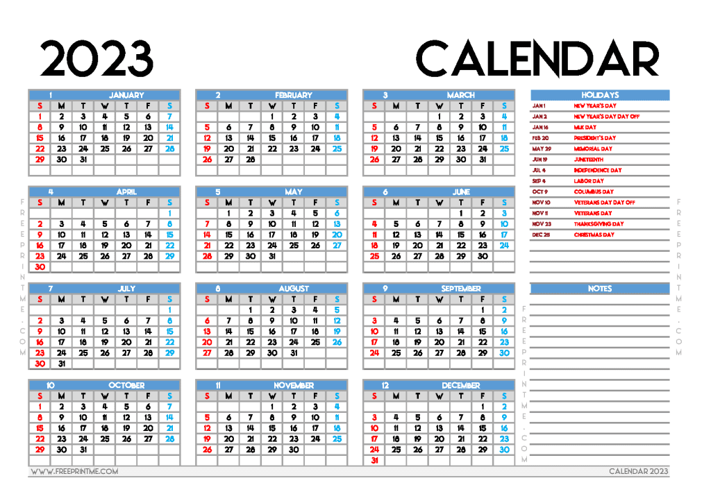 Downloadable and easy to print 2023 calendar with holidays printable free for monthly and yearly
