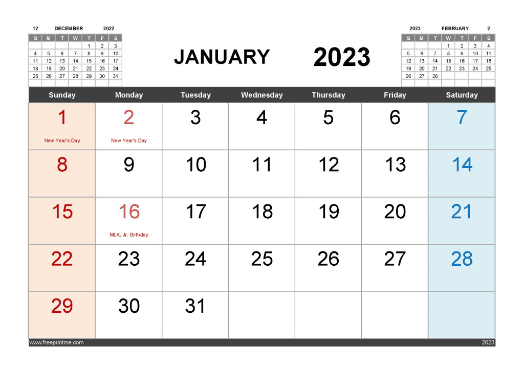 Download Free January 2023 Calendar with Holidays Printable PDF in Landscape 