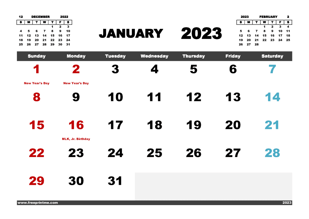 Free Printable January 2023 Calendar with Holidays PDF in Variety Formats