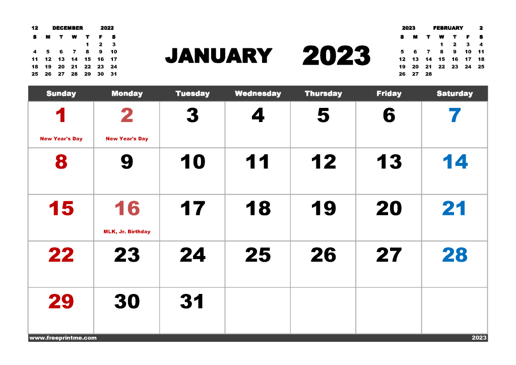 Free Printable January 2023 Calendar with Holidays PDF in Variety Formats