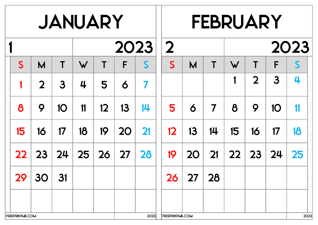 Free January February 2023 Calendar Printable Two Month Calendar on a separate page in Landscape