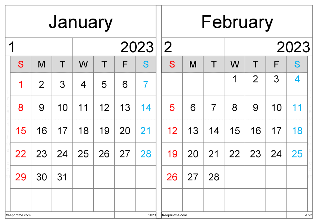 Free January February 2023 Calendar Printable Two Month Calendar on a separate page in Landscape