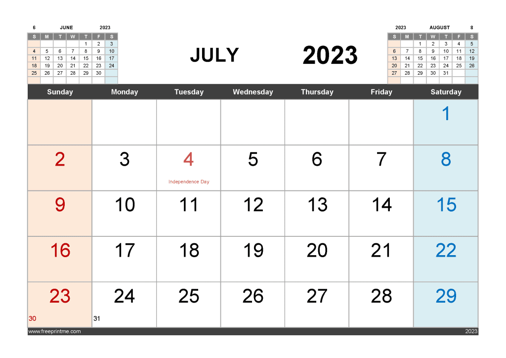 Download Free July 2023 Calendar with Holidays Printable PDF in Landscape 