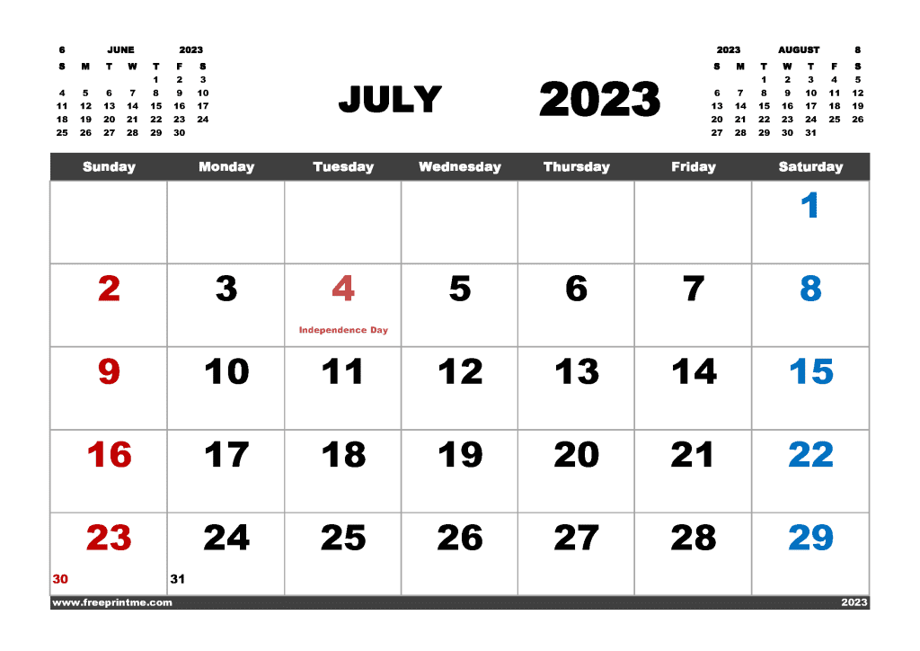 Free Printable July 2023 Calendar with Holidays PDF Monthly Calendar Template in Variety Formats