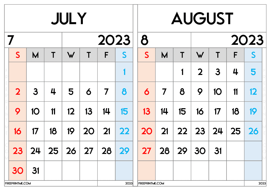 Download Free July August 2023 Calendar Printable Two Month Calendar on a separate page in Landscape