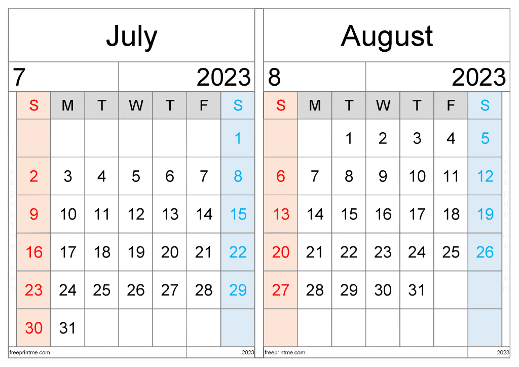 Free July August 2023 Calendar Printable Two Month Variety Formats