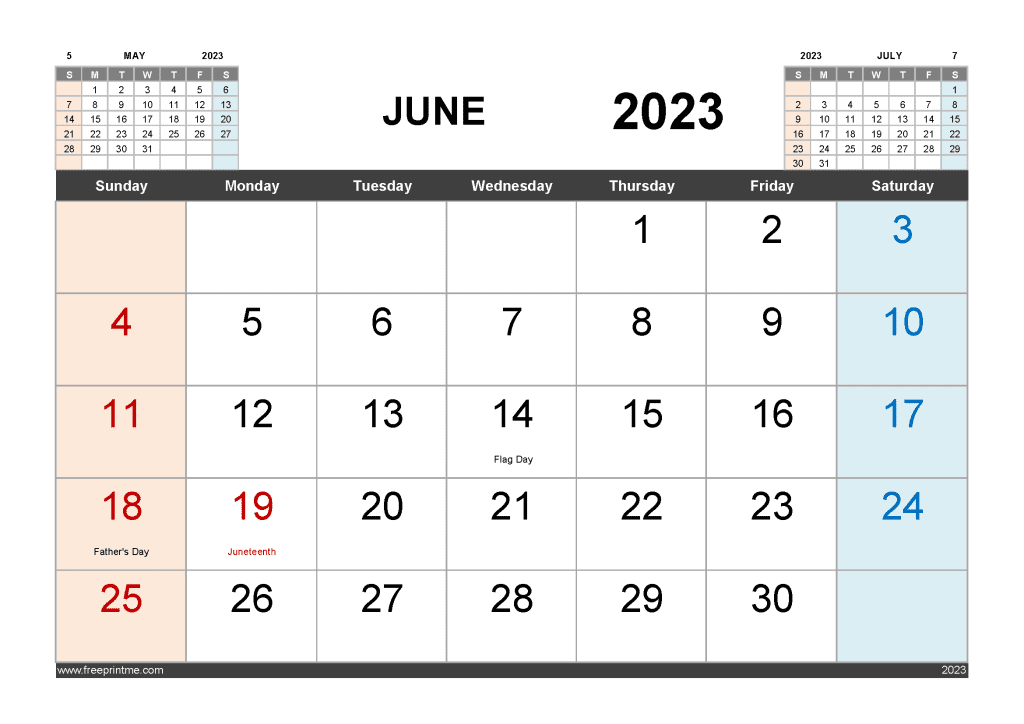 Download Free June 2023 Calendar with Holidays Printable PDF in Landscape 