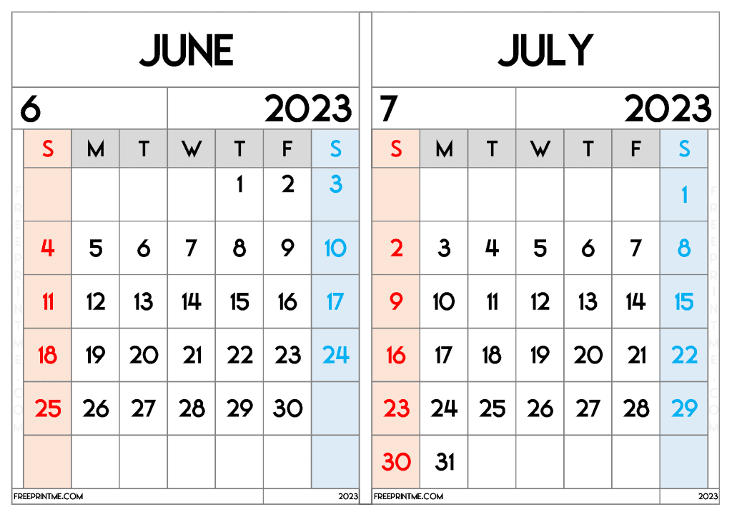 Download Free June July 2023 Calendar Printable Two Month Calendar on a separate page in Landscape