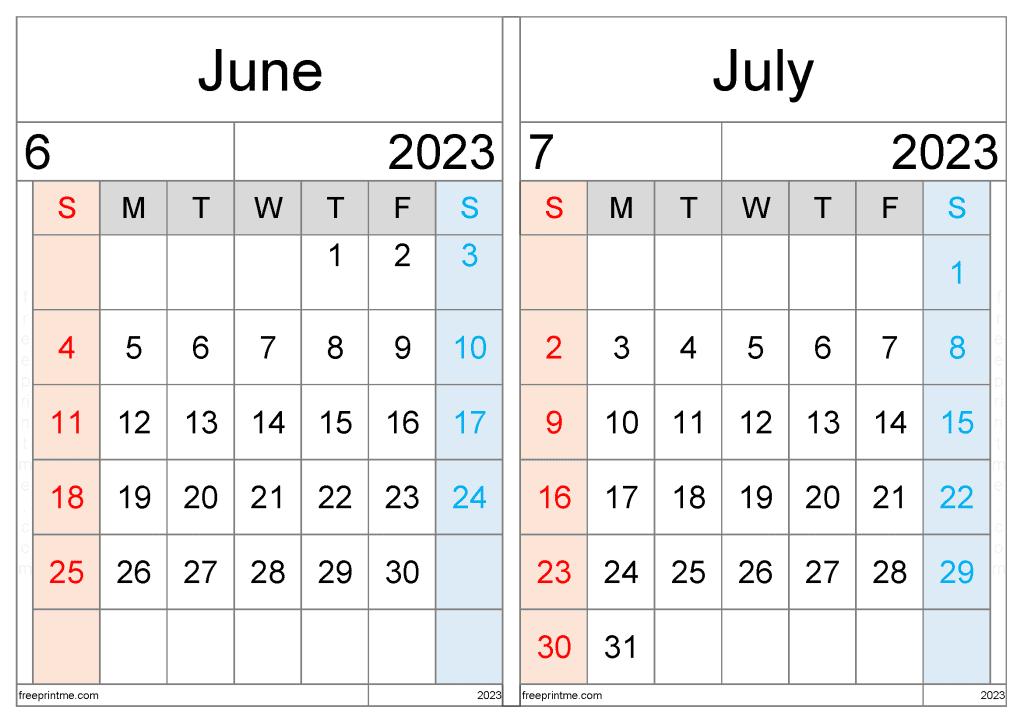 Free June July 2023 Calendar Printable Two Month Variety Formats