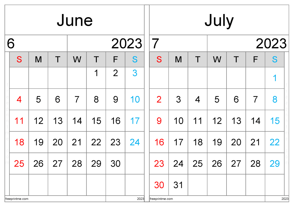 Free June July 2023 Calendar Printable Two Month Variety Formats