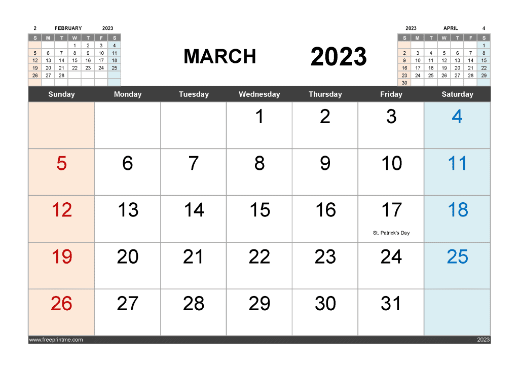 Download Free March 2023 Calendar with Holidays Printable PDF in Landscape 