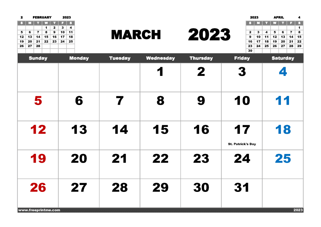 Free Printable March 2023 Calendar with Holidays PDF in Variety Formats