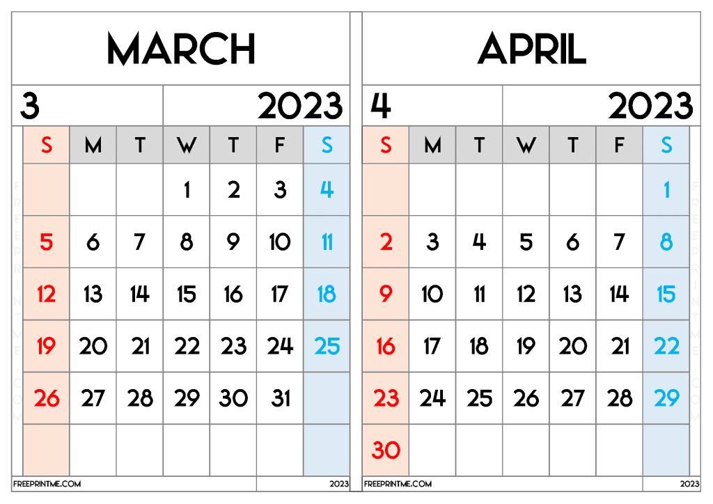Download Free March April 2023 Calendar Printable Two Month Calendar on a separate page in Landscape