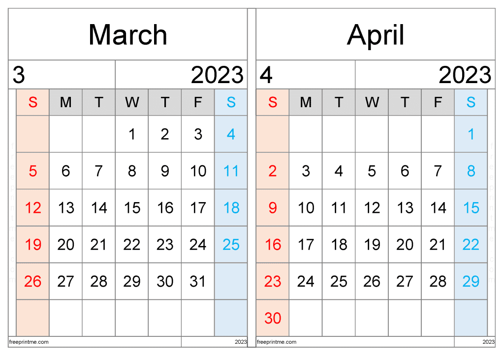 Free March April 2023 Calendar Printable Two Month Calendar