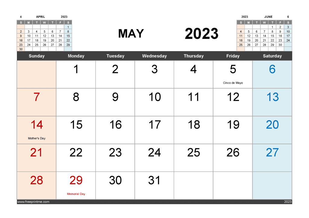 Download Free May 2023 Calendar with Holidays Printable PDF in Landscape