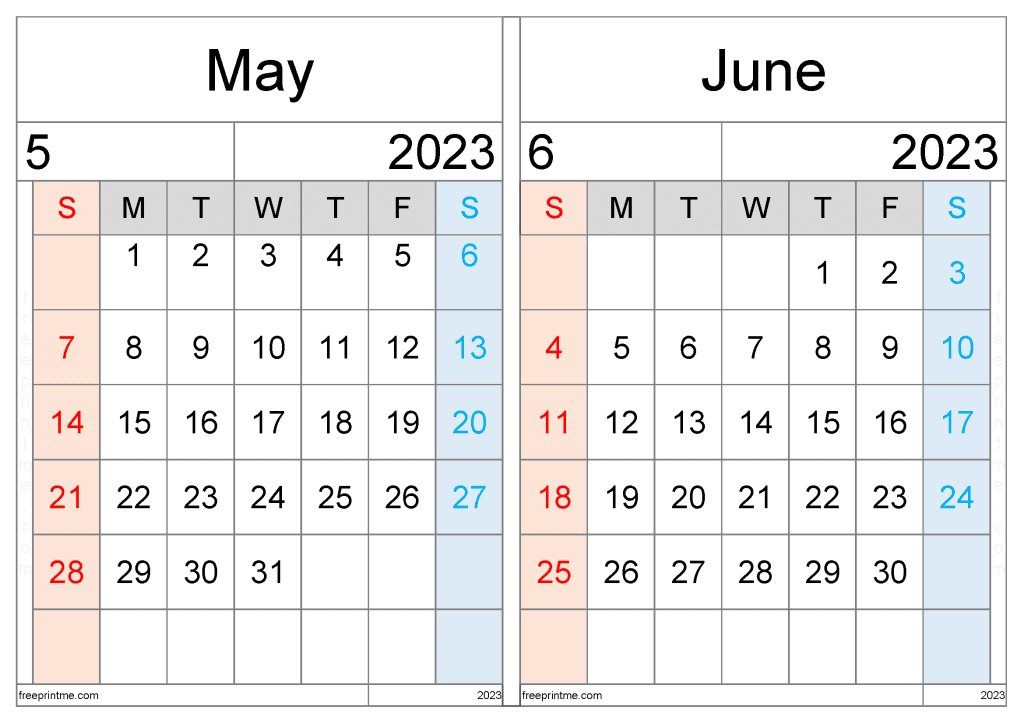 Free May June 2023 Calendar Printable Two Month Variety Formats