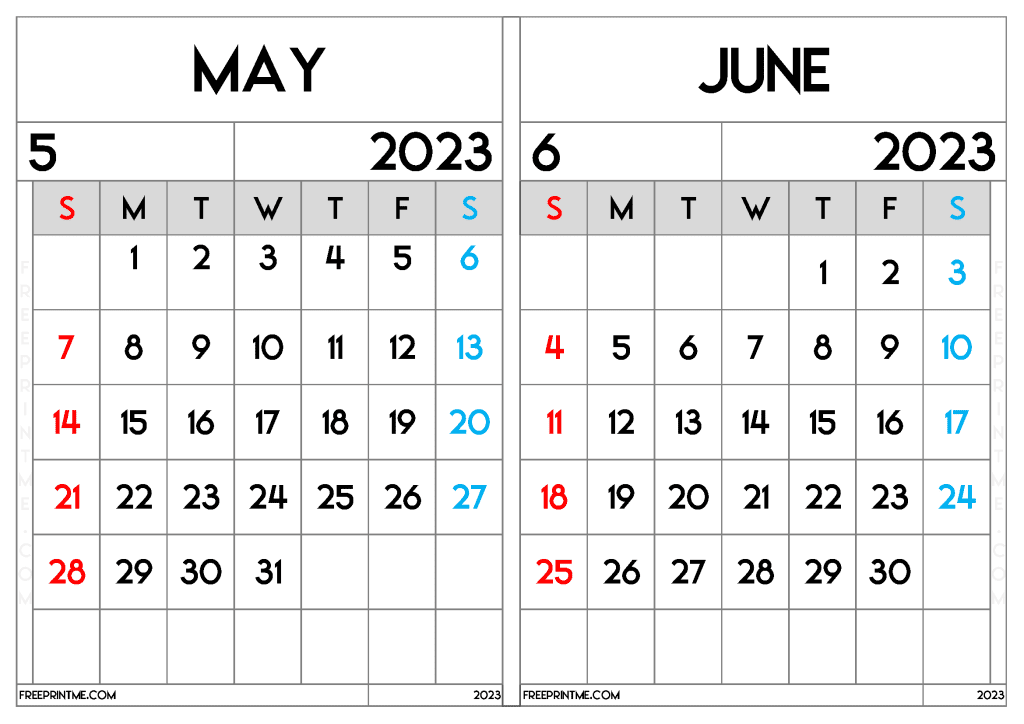 Free May June 2023 Calendar Printable Two Month Variety Formats
