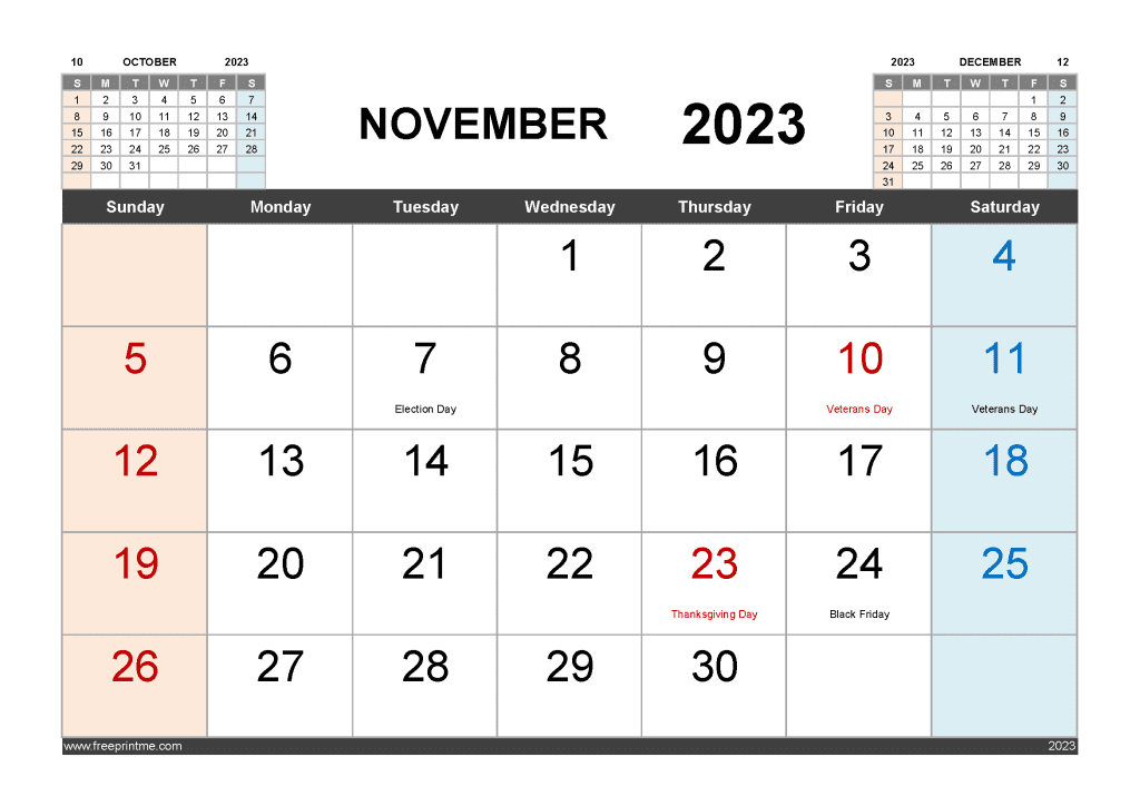 Download Free November 2023 Calendar with Holidays Printable PDF in Landscape 