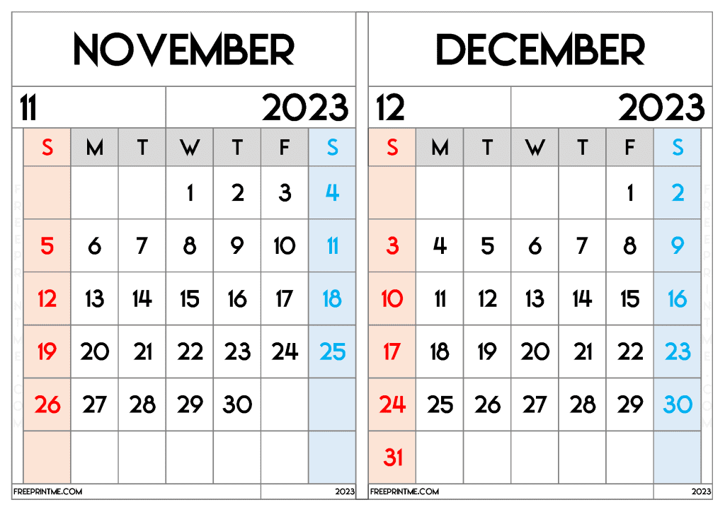 Download Free November December 2023 Calendar Printable Two Month Calendar on a separate page in Landscape