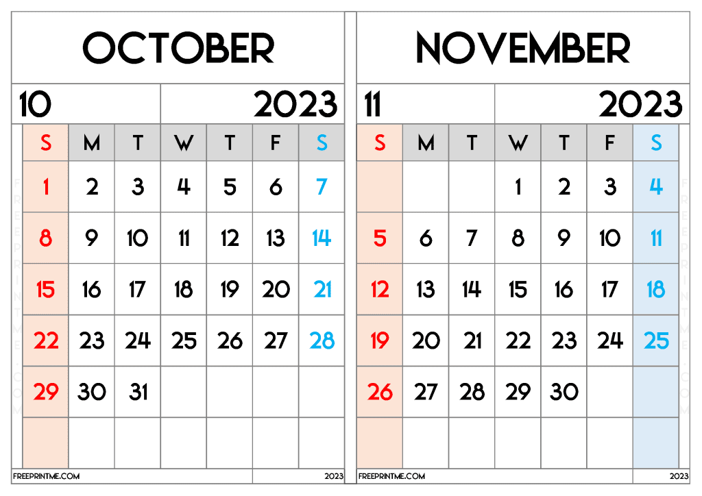 Download Free October November 2023 Calendar Printable Two Month Calendar on a separate page in Landscape