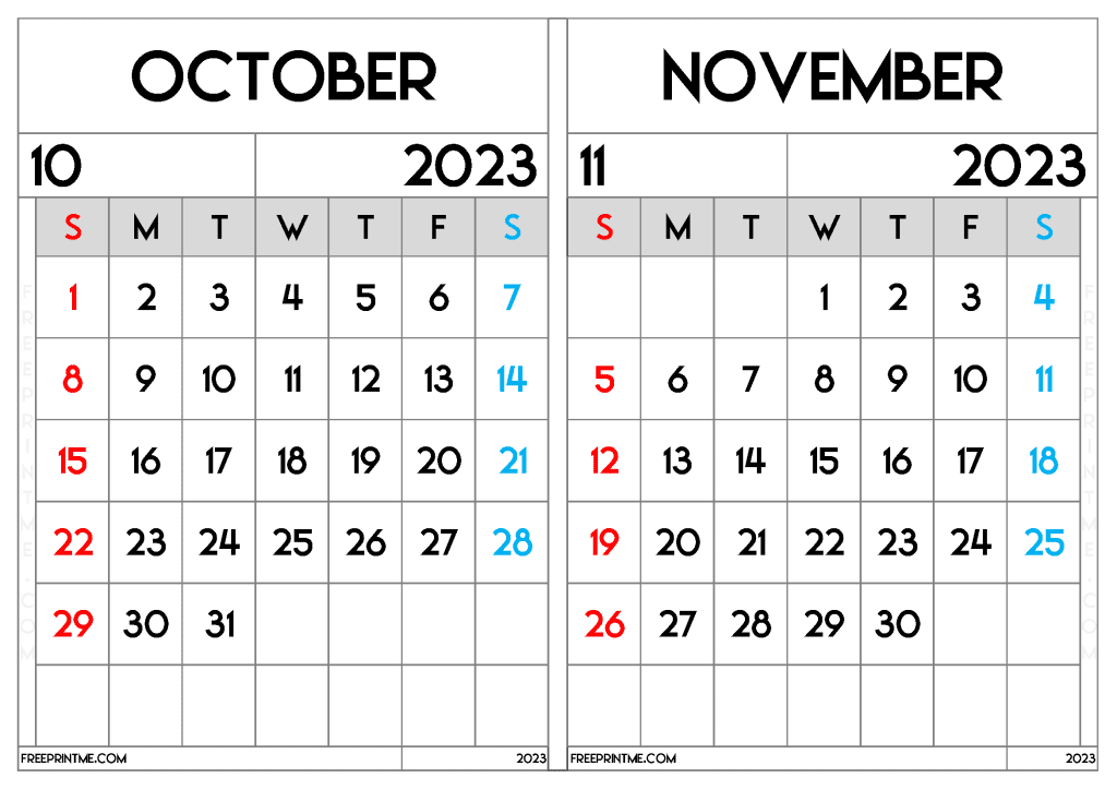 Free October November 2023 Calendar Printable Two Month Variety Formats