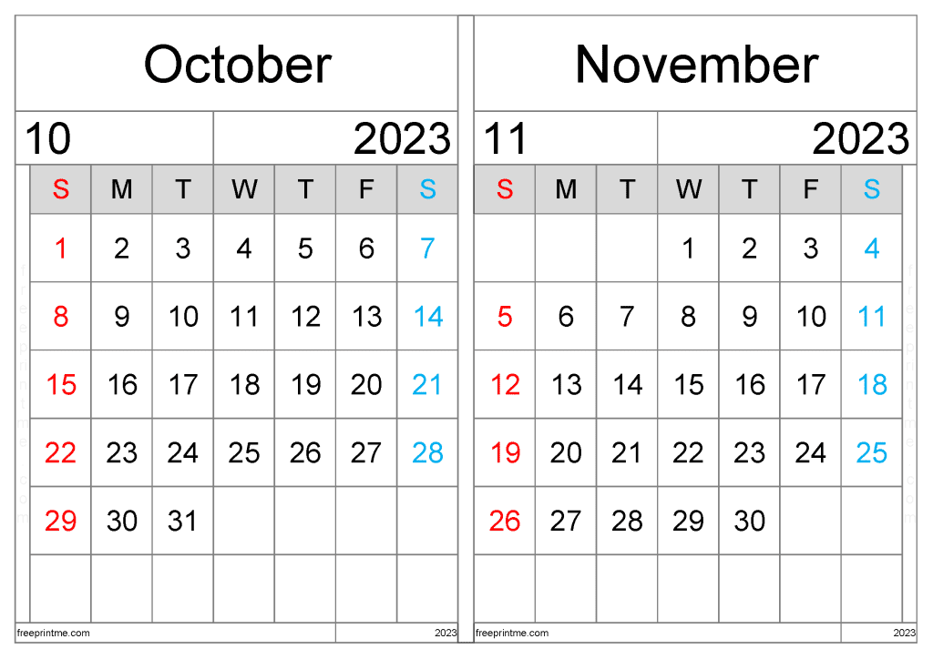 Free October November 2023 Calendar Printable Two Month Variety Formats