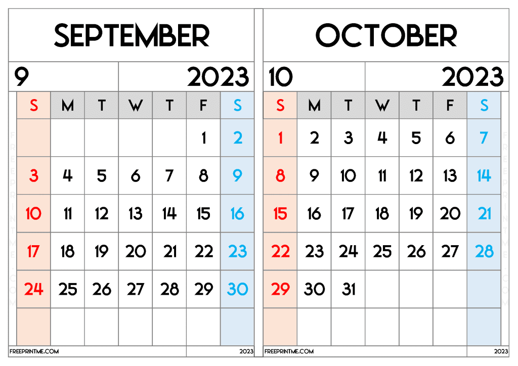 Download Free September October 2023 Calendar Printable Two Month Calendar on a separate page in Landscape