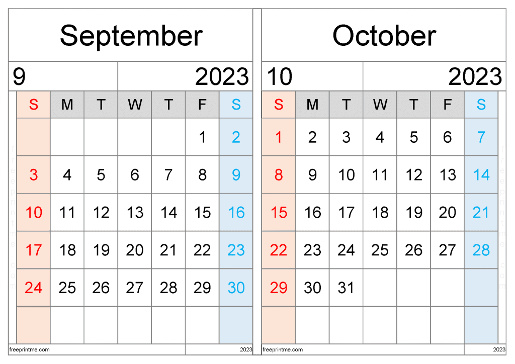 Free September October 2023 Calendar Printable Two Month Variety Formats